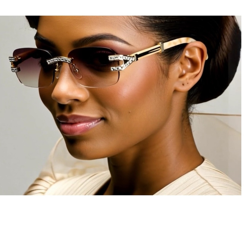 Fashion Nova Rimless Rhinestone Square Sunglasses Women Gold Brown Gradient Lens